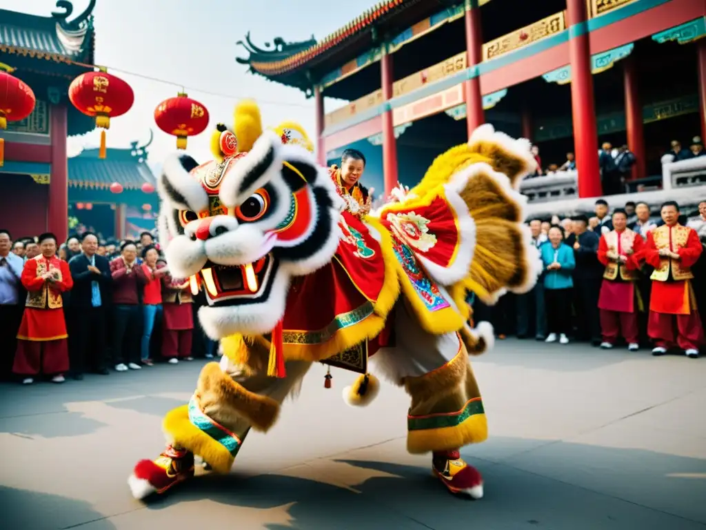 Una enérgica danza del león chino con trajes vibrantes y detalles elaborados, inmersa en un ambiente cultural emocionante