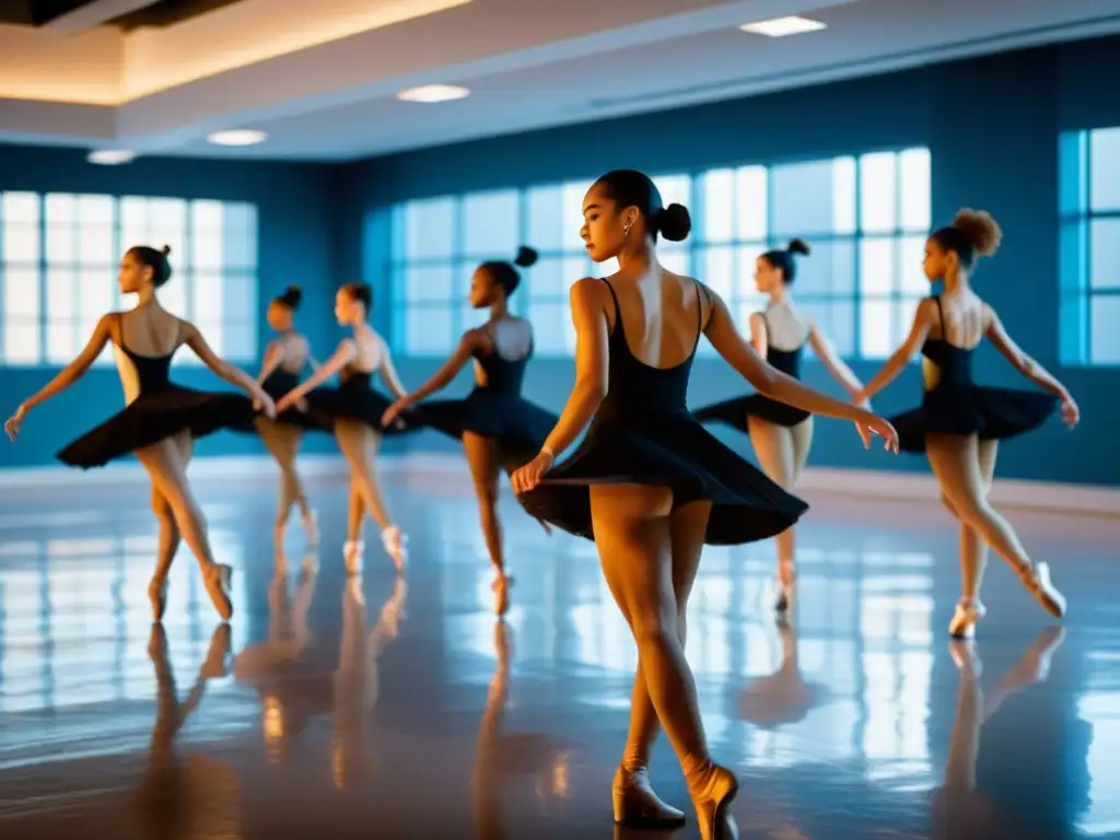 Un ensayo de danza en un estudio soleado, donde bailarines profesionales ejecutan movimientos elegantes y precisos con pasión