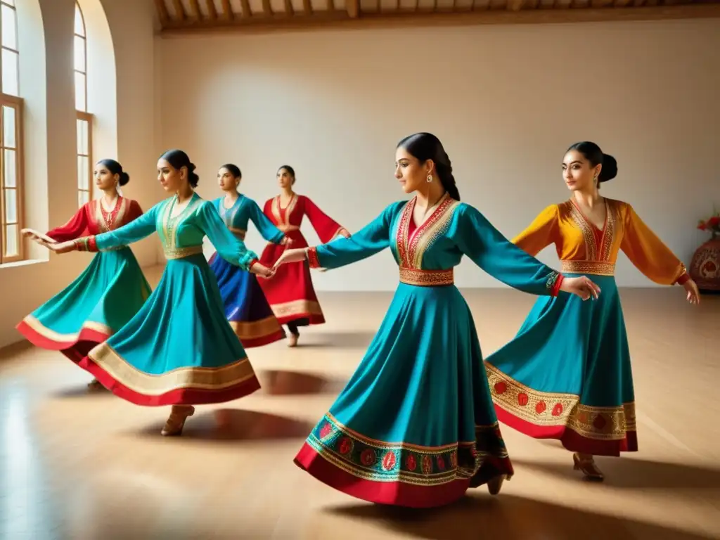 Enseñanza de la Danza Azerí: Instructores y estudiantes bailando en un estudio luminoso con textiles tradicionales y música azerí