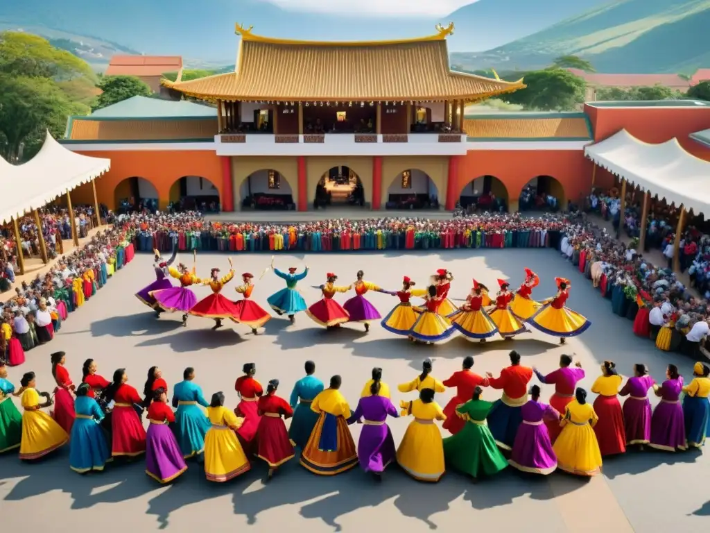 Enseñanza de danzas tradicionales a grandes grupos: Celebración vibrante al aire libre con baile y trajes coloridos en una plaza