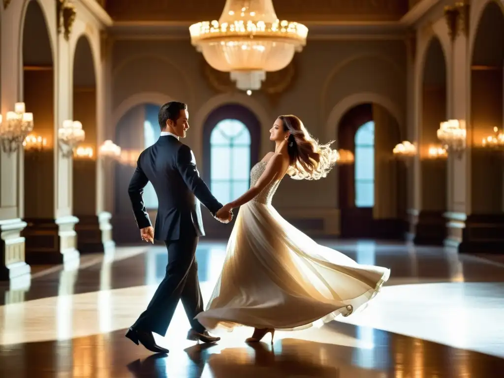 Enseñanza técnica del Vals Vienés: Pareja elegante bailando en un salón de baile, capturando la gracia y sofisticación del momento