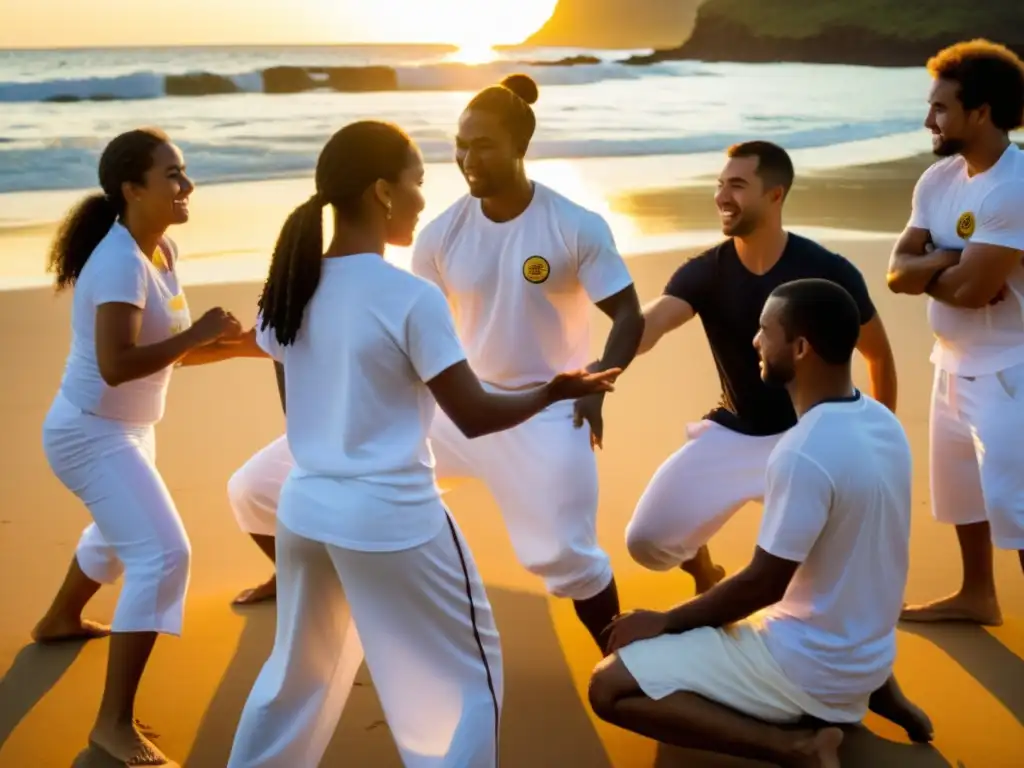 Entrenamiento de capoeira para principiantes en la playa al atardecer, mestres en juego dinámico y vibrante atmósfera de comunidad