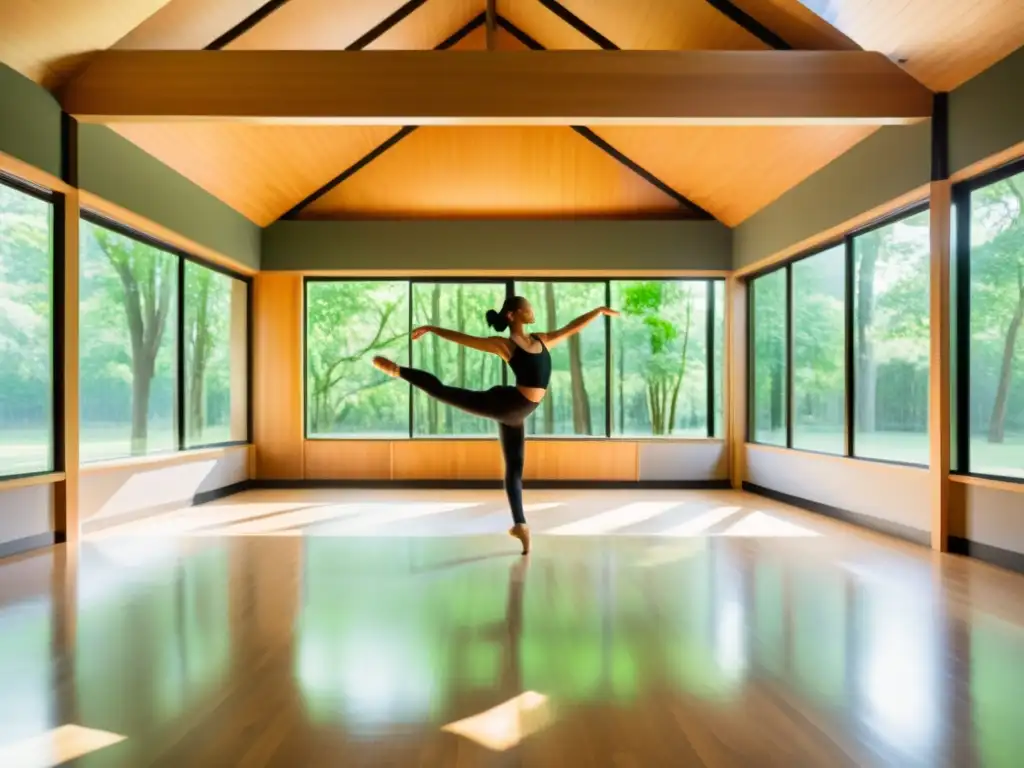 Entrenamiento de danza en clima soleado rodeado de naturaleza, donde la luz natural realza la gracia y fuerza de los bailarines