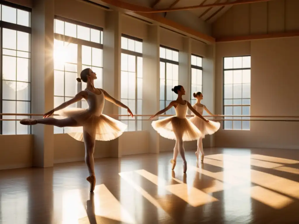 Entrenamiento de danza en clima soleado: bailarines en estudio inundado de luz, movimientos fluidos y precisos, atmósfera serena y etérea