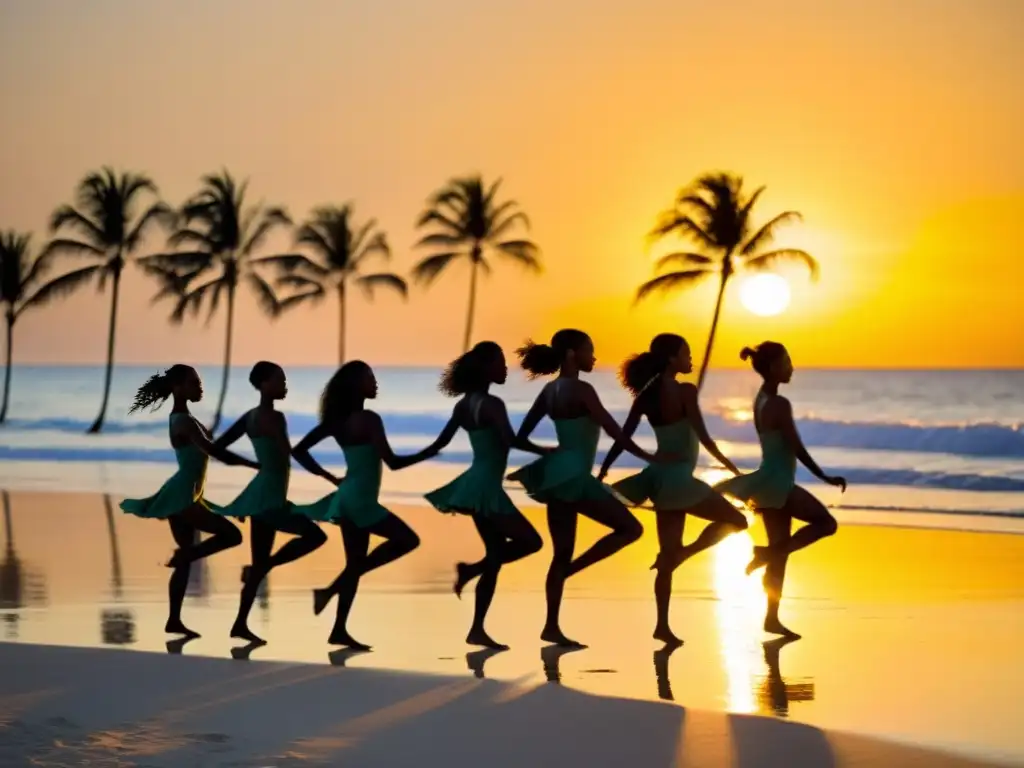 Entrenamiento de danza en clima tropical: bailarines en sincronía bajo la puesta de sol en la playa, con sombras alargadas y atmósfera serena