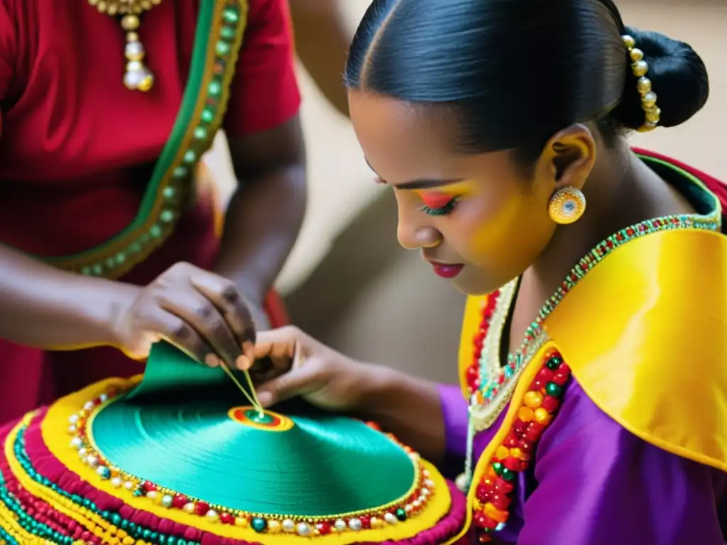 Un equipo de artesanos expertos bordando a mano un traje de danza tradicional con patrones vibrantes e intrincados