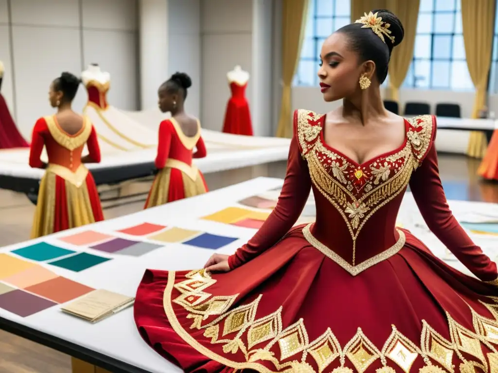 Un equipo de diseñadores de vestuario y bailarines trabajan juntos en la confección de trajes de danza tradicional