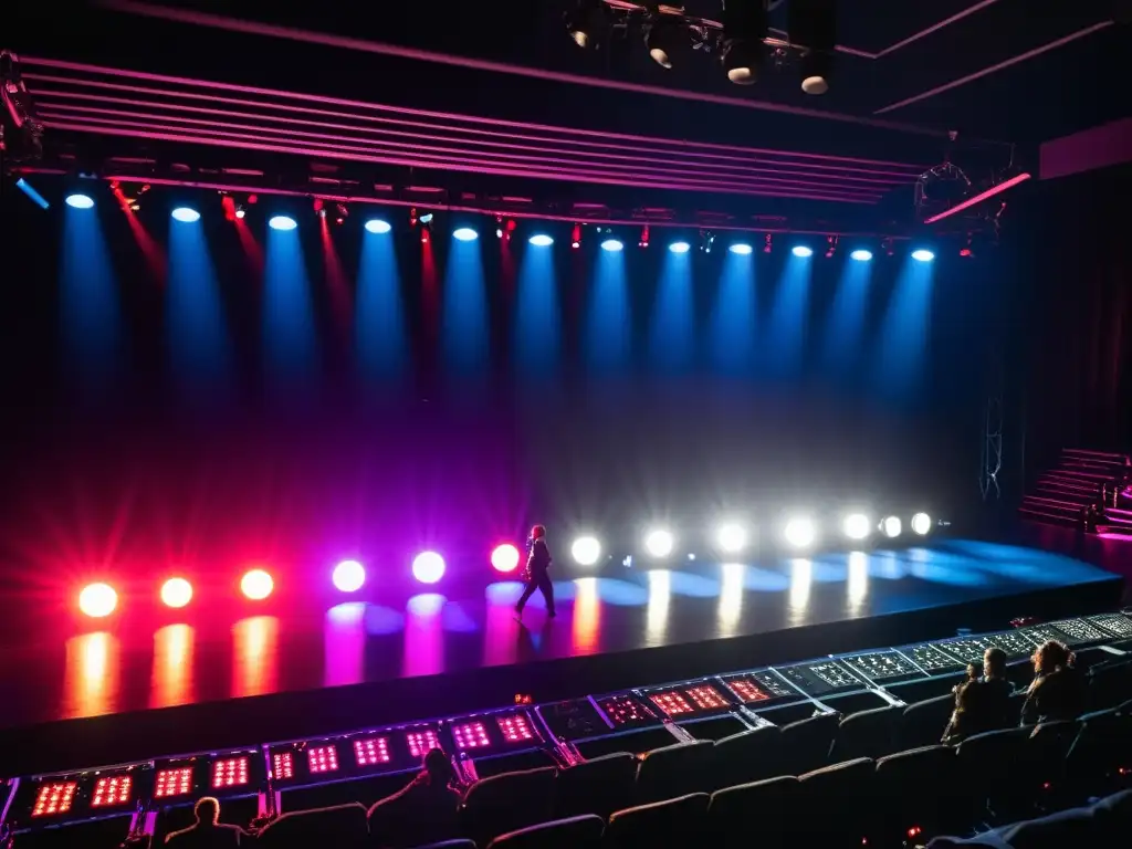 Equipo de diseño de iluminación para espectáculos creando una atmósfera vibrante y dinámica en el escenario del teatro