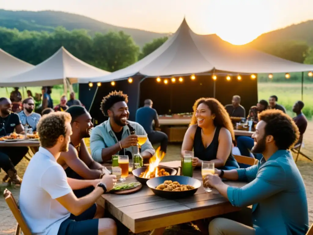 Equipo y músicos comparten comida al atardecer, creando un ambiente de camaradería durante una gira