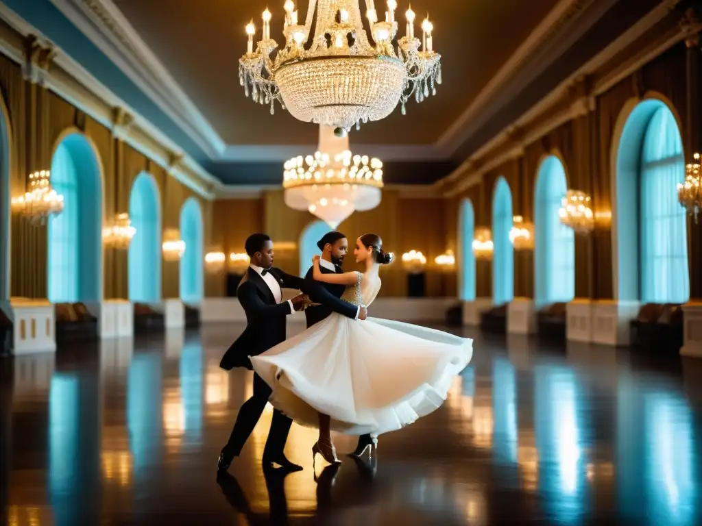 Una escena de baile de salón elegante y apasionada en un lujoso salón iluminado por deslumbrantes candelabros