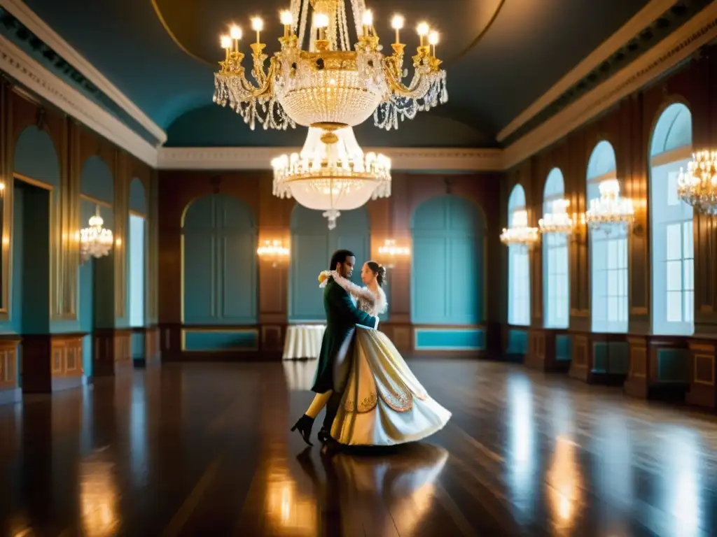 Escena de baile del siglo XVIII con juego de parejas en la Contredanse, derrochando sofisticación y romance en un salón elegante