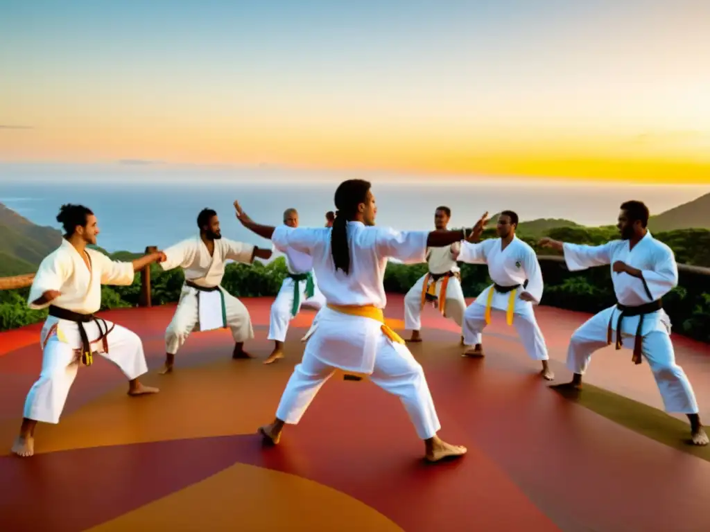 Una escena de capoeira al atardecer en Brasil, con practicantes en vestimenta blanca realizando un 'au cortado'