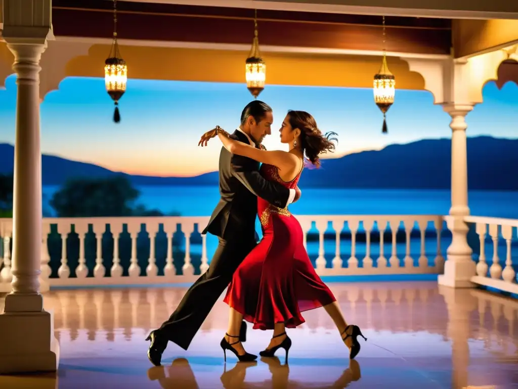 Una escena cautivadora de tango argentino al aire libre con una decoración inspirada en danzas tradicionales