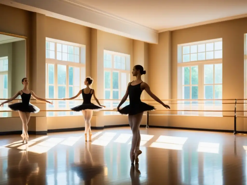 Una escena detallada de un estudio de ballet tradicional, con luz natural iluminando el espacio y bailarines practicando