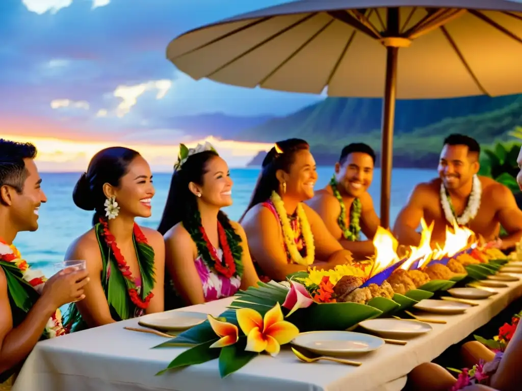 Una escena documental de un animado luau hawaiano, con mesa llena de platos auténticos, flores tropicales y tiki torches