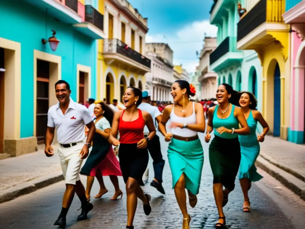 Una escena enérgica de una bulliciosa calle cubana, con edificios vibrantes y coloridos bordeando la calle empedrada