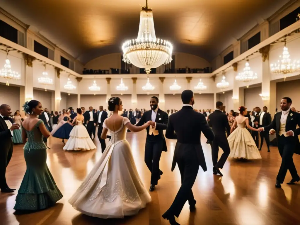 Una escena de época: parejas elegantes bailando la contradanza en un salón iluminado por candelabros