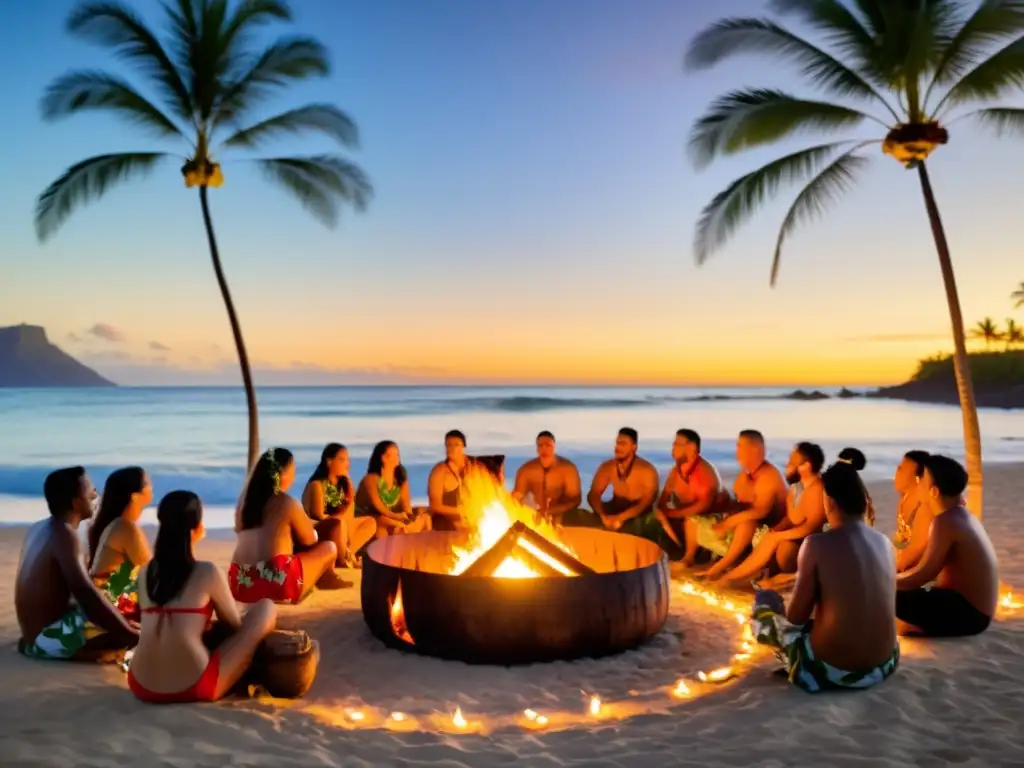 Una escena mágica de un luau hawaiano en la playa al atardecer