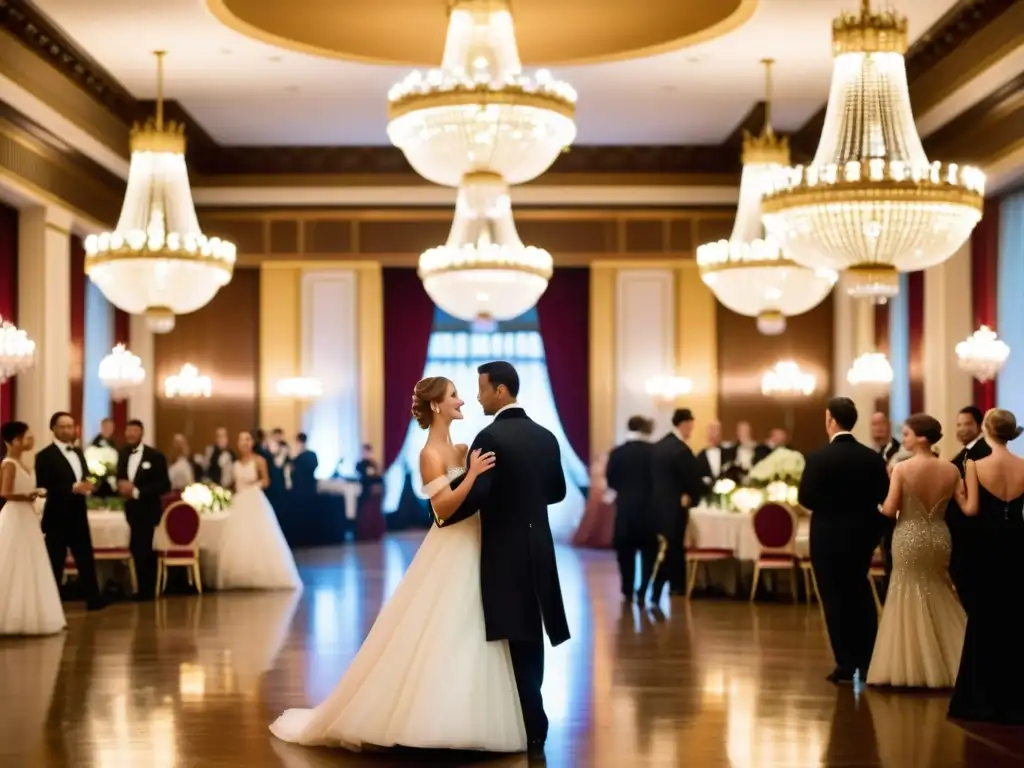 Una escena de salón elegante con parejas bailando el vals vienés, capturando su significado cultural y refinamiento atemporal