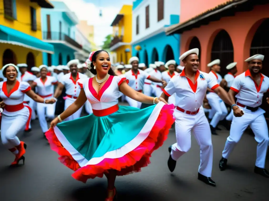 Una escena vibrante y enérgica de un baile de merengue tradicional dominicano en las calles de Santo Domingo