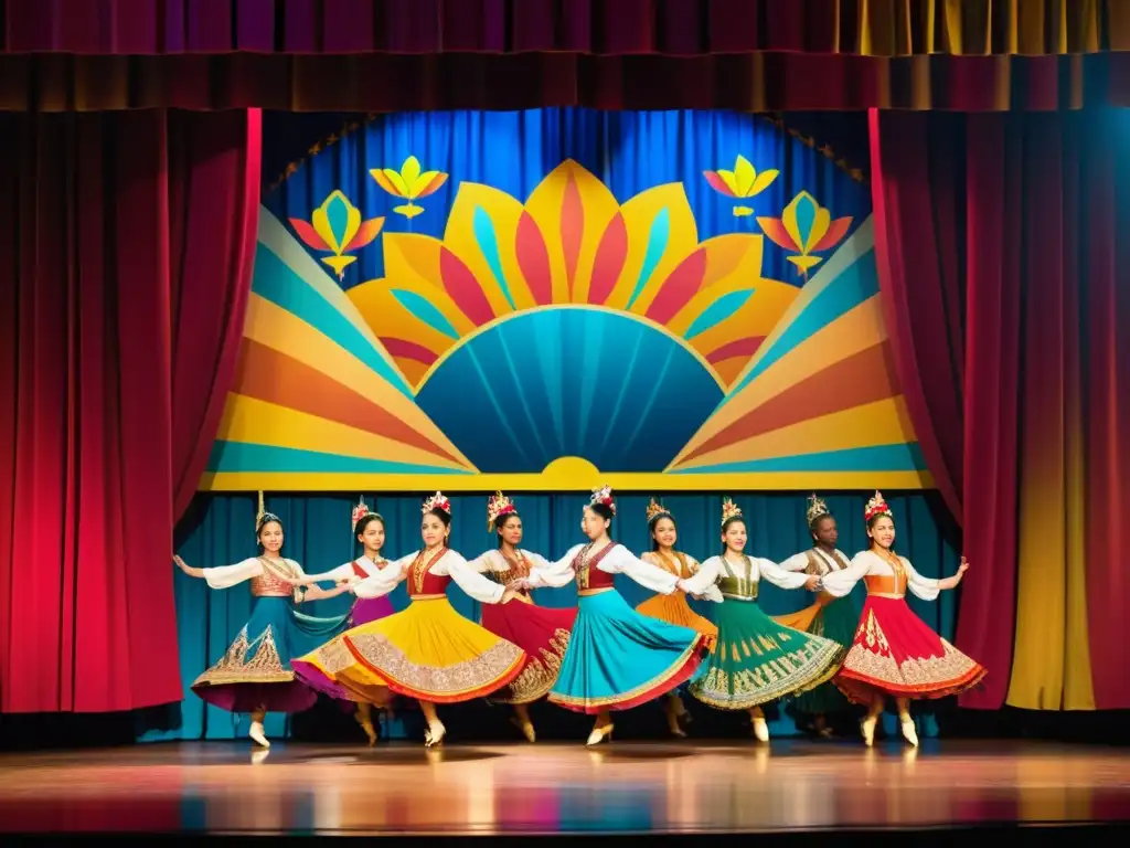 Un escenario vibrante y colorido con motivos de bailes tradicionales en telones iluminados, capturando la esencia de la integración cultural