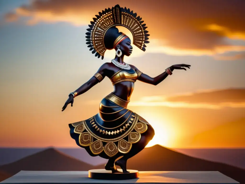 Escultura de danza africana tradicional con detalles intrincados, bañada por la luz del atardecer