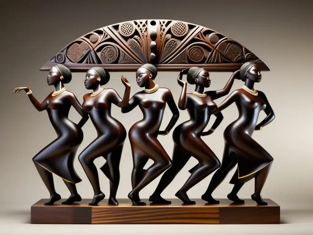 Escultura de danza tradicional africana en madera oscura, con figuras dinámicas y patrones intrincados