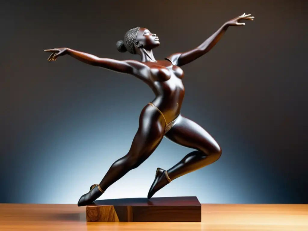 Escultura de danza tradicional africana de madera oscura, con detalle intrincado y energía expresiva en la pose del bailarín