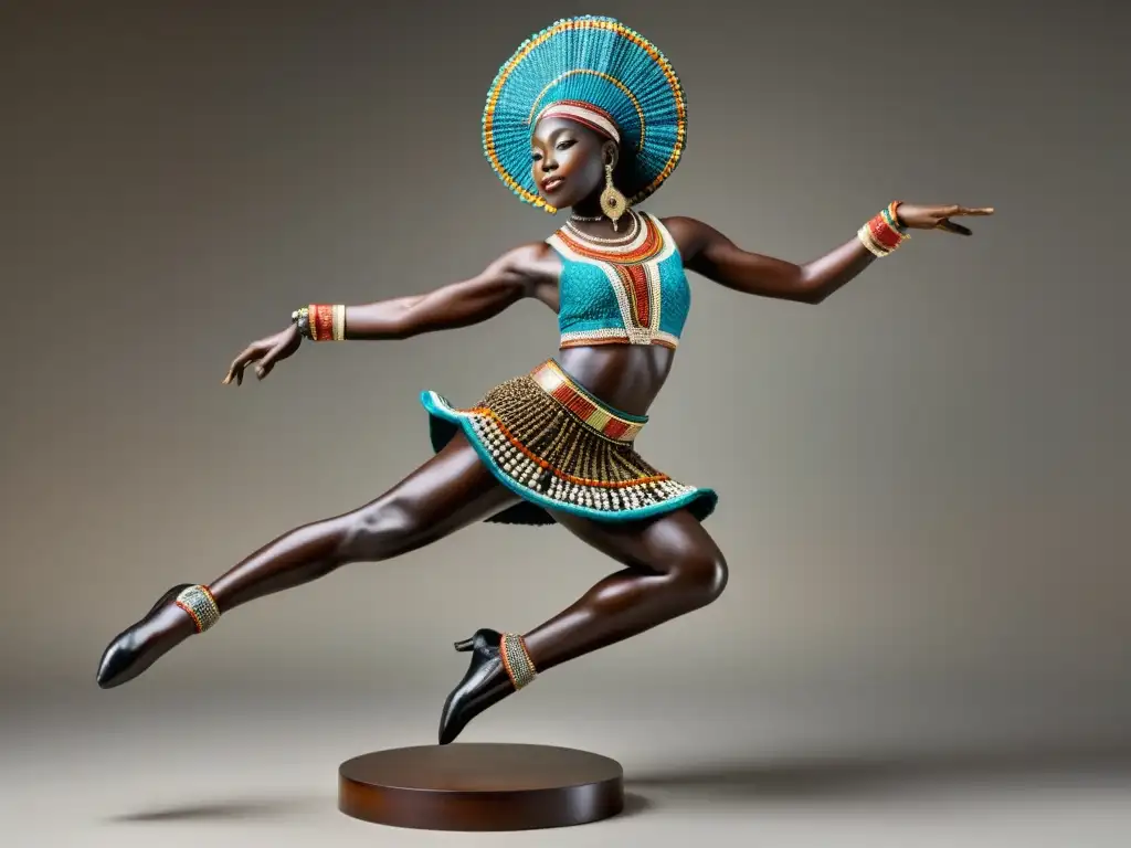 Escultura de danza tradicional africana: expresiva y dinámica, con marcados detalles tribales y un traje vibrante de cuentas