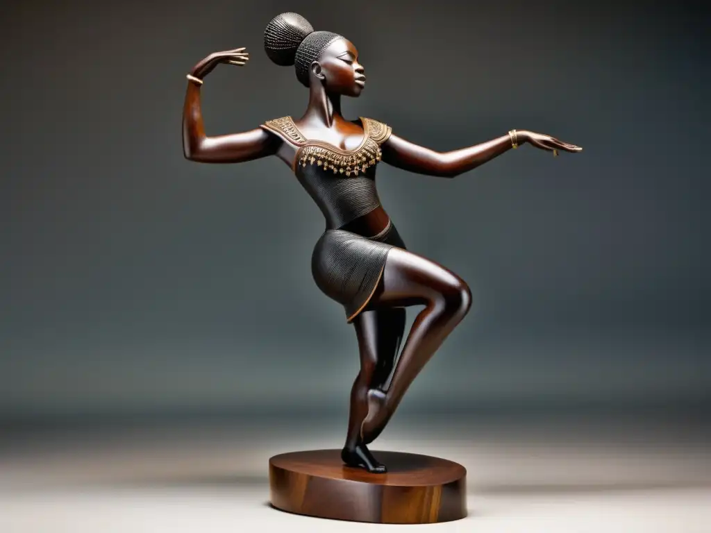 Una escultura de danza tradicional africana, tallada en madera oscura con detalles intrincados y movimiento fluido, bañada en cálida luz natural