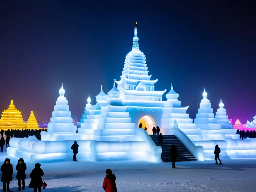 Festival de Hielo de Harbin: Esculturas mágicas y visitantes maravillados Bailando en el Harbin Ice Festival: Esculturas de hielo iluminadas por luces coloridas, creando un ambiente mágico y festivo bajo el cielo nocturno