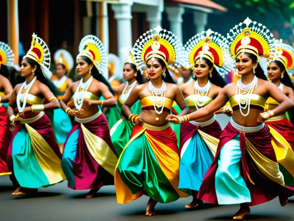 Captura la esencia de la vibrante danza tradicional del festival Perahera de Kandy, mostrando la rica historia y significado cultural