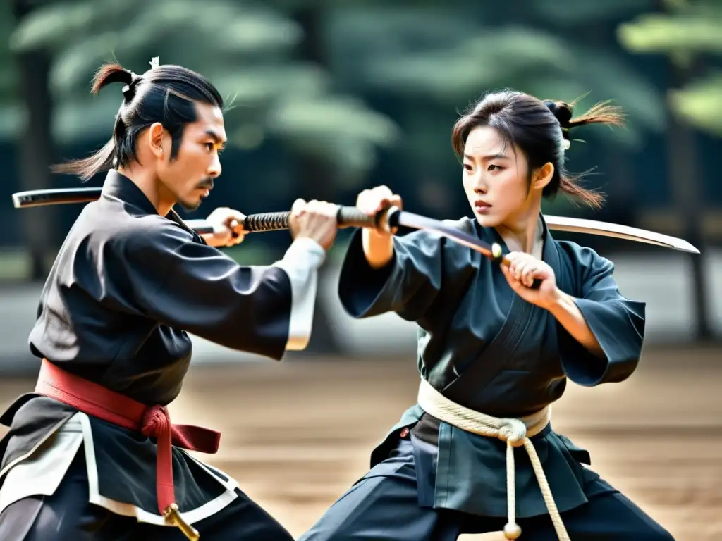 Dos espadachines japoneses expertos en plena danza de espadas, demostrando precisión y disciplina en un combate feroz pero elegante