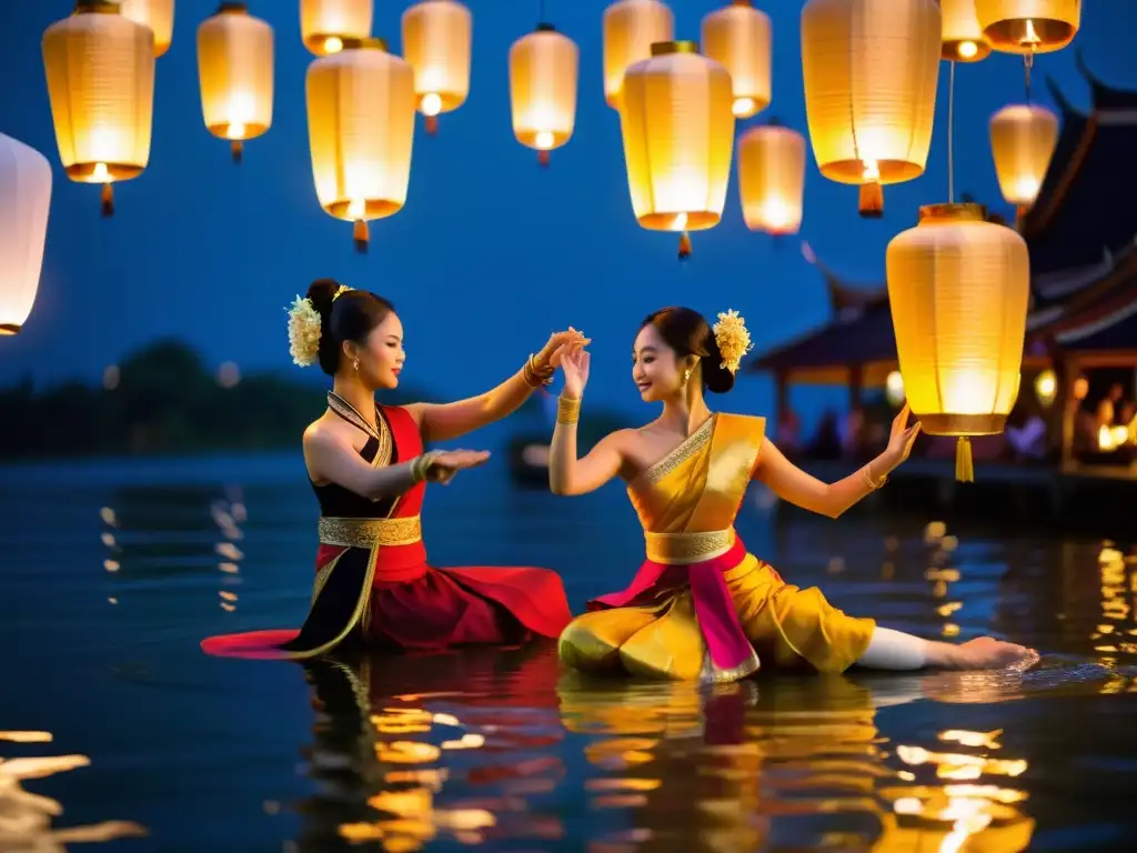 Espectacular danza tailandesa en el festival Loi Krathong con luz de faroles flotantes en el río