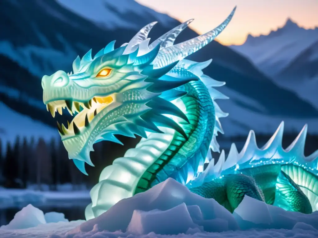 Dragón de hielo iluminado en el Festival de Hielo de Harbin Espectacular escultura de hielo de un majestuoso dragón iluminado con luces LED en el Harbin Ice Festival