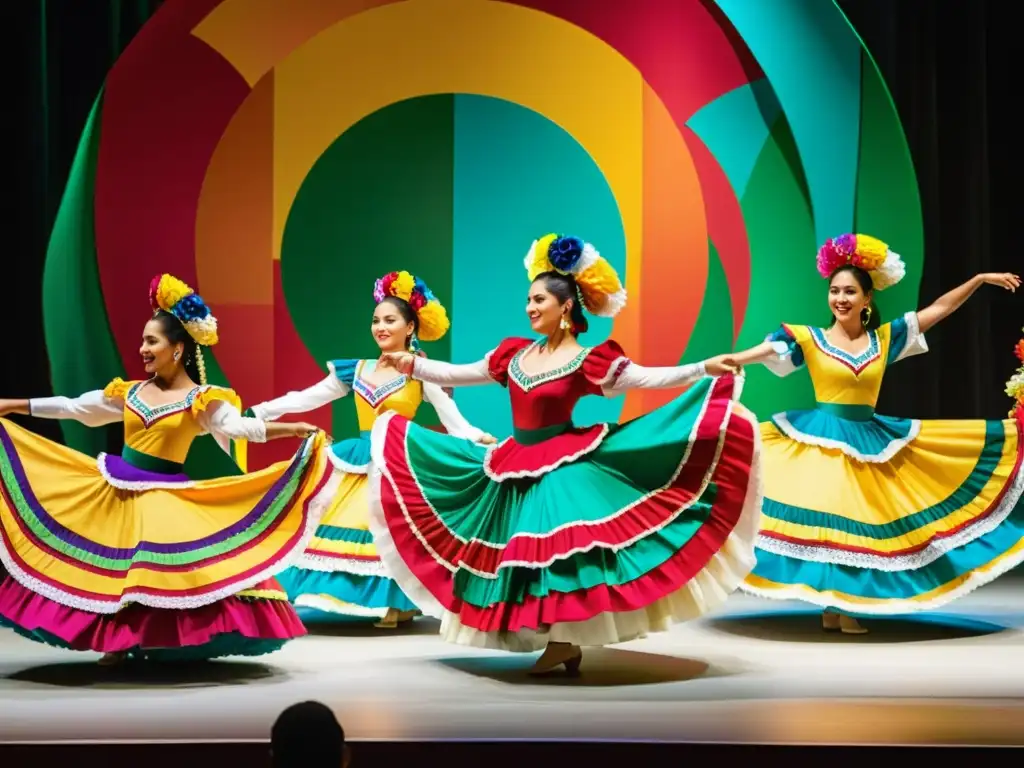 Espectáculo de ballet folclórico mexicano en un escenario grandioso, con coloridos trajes regionales y movimientos dinámicos