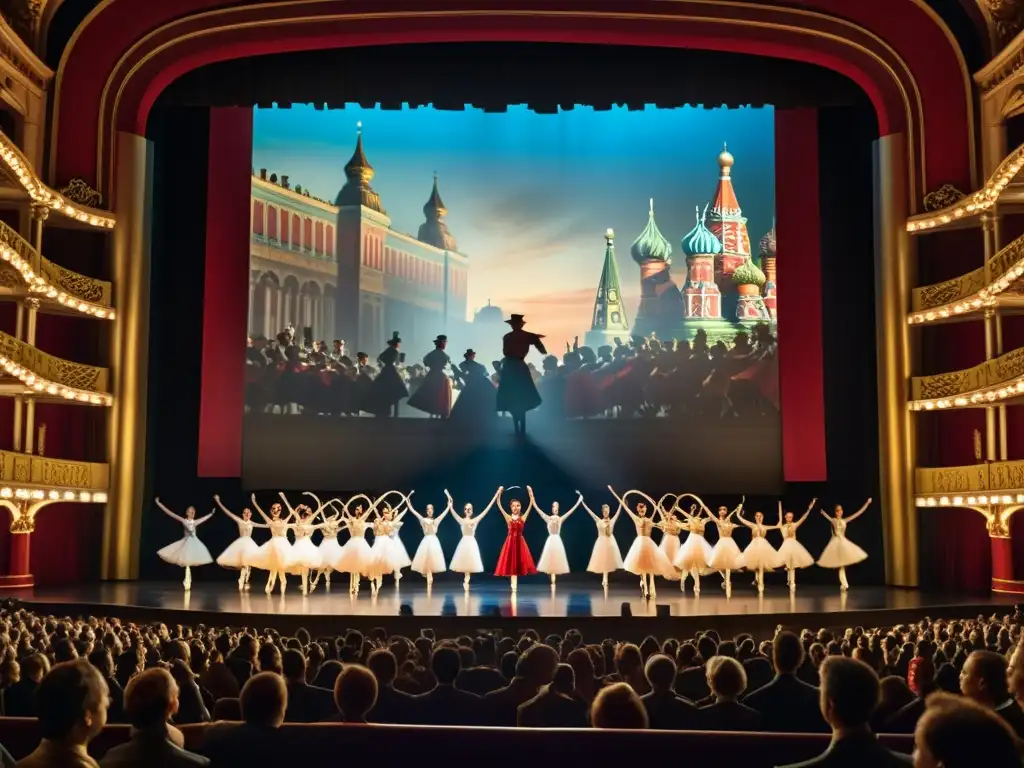 Espectáculo de ballet impactante en teatro majestuoso durante la Revolución Rusa, evocando la evolución del ballet