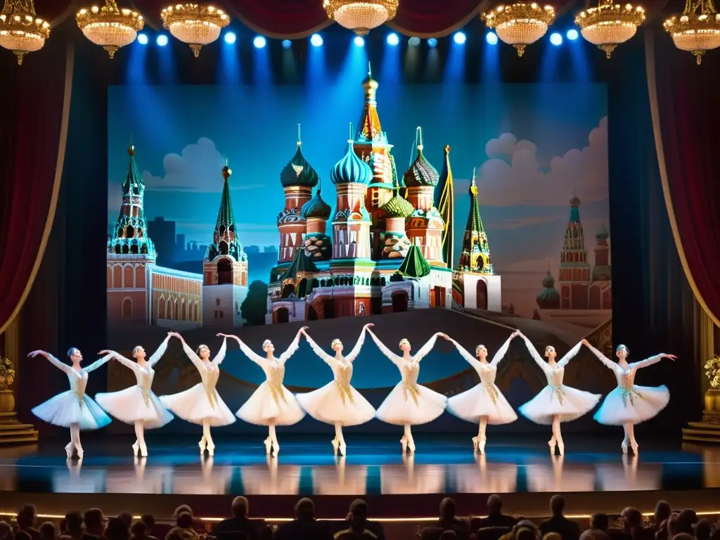 Espectáculo de ballet ruso: danza grácil y sincronizada en un escenario deslumbrante