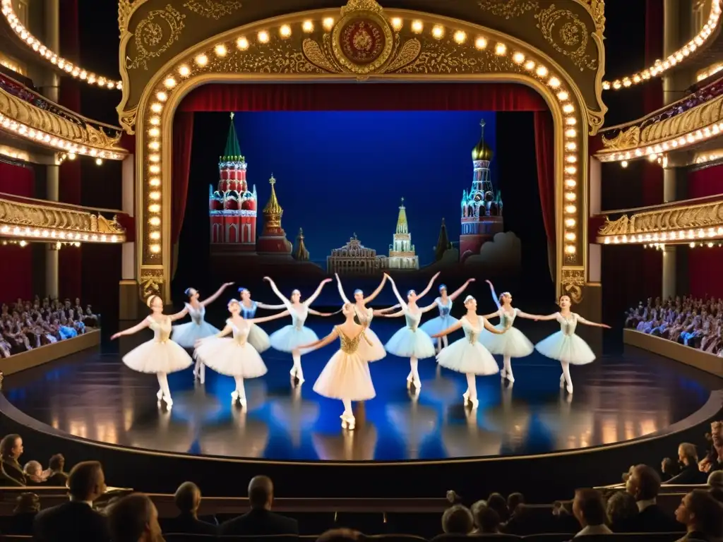 Espectáculo de ballet ruso en teatro grandioso con danzas y vestuarios detallados