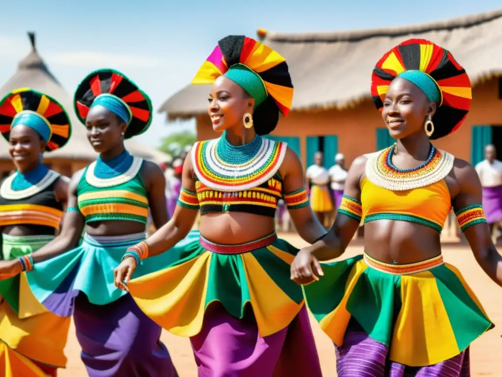 Un espectáculo de danza africana con vestuarios tradicionales deslumbrantes en una plaza soleada