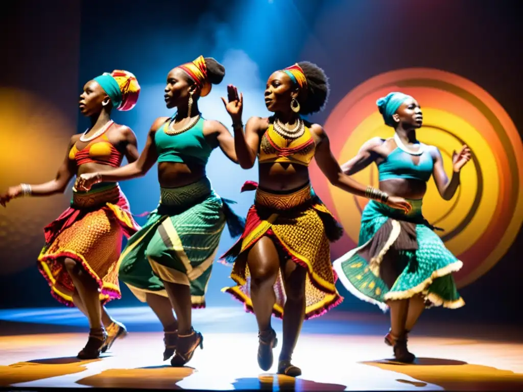 Espectáculo de danza africana con vibrantes trajes y diseño de iluminación para espectáculos, capturando la energía y emoción