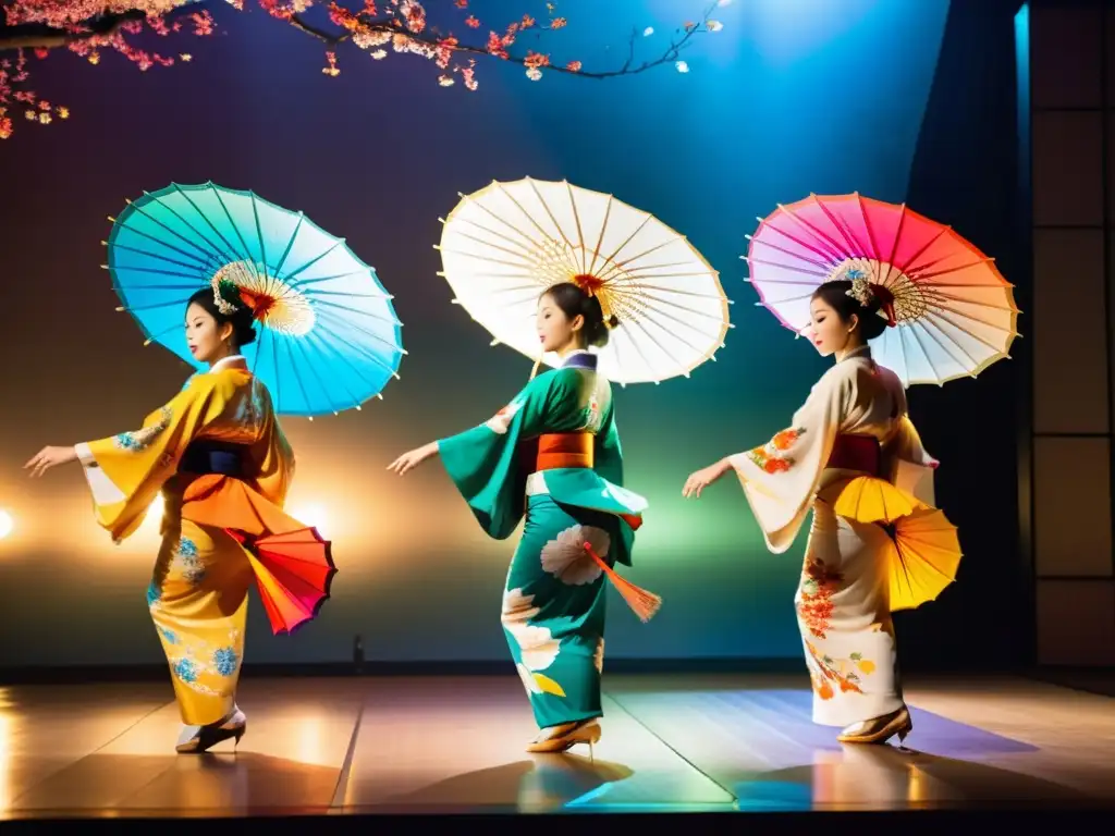 Espectáculo de danza japonesa con artistas elegantemente vestidos sosteniendo coloridas sombrillas