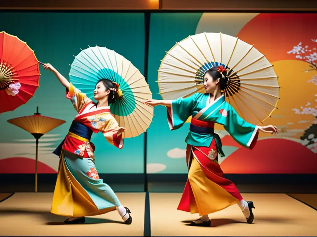 Espectáculo de danza japonesa con kimonos vibrantes y sombrillas elegantes en un jardín japonés