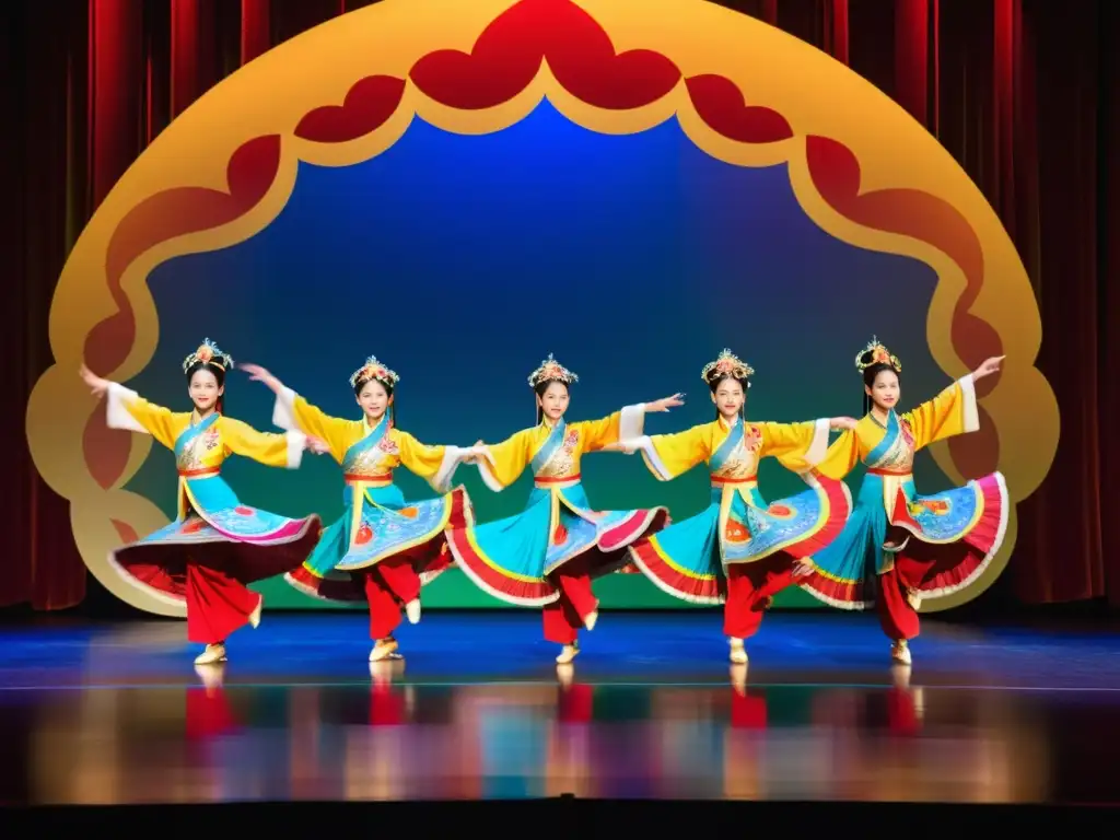 Espectáculo de la Danza de los Mil Manos China: grupo de bailarines en trajes tradicionales chinos, movimientos elegantes y sincronizados