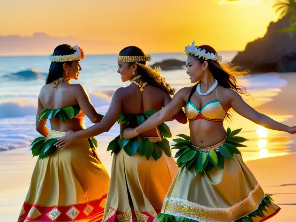 Espectáculo de danza polinesia en la playa al atardecer, con trajes vibrantes y significado cultural de las danzas tradicionales en Oceanía