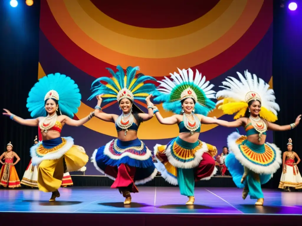 Un espectáculo de danza tradicional mundial en un escenario grandioso, con trajes vibrantes y una audiencia diversa y cautivada