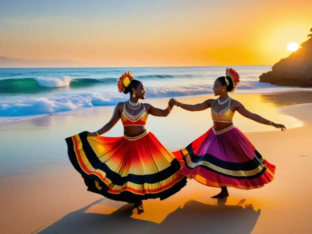 Espectáculo de danza tradicional en la playa al atardecer en Oceanía, turismo y enseñanza de danzas tradicionales en Oceanía