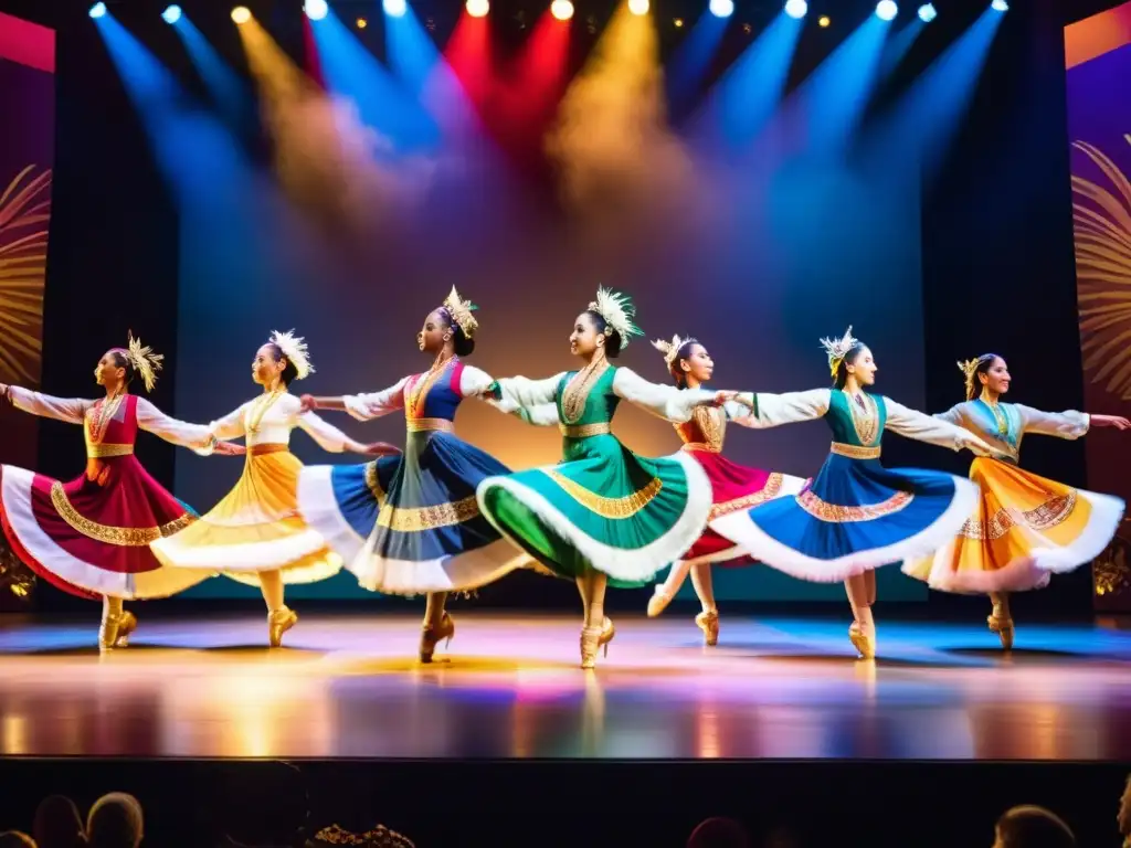 Un espectáculo de danzas del mundo con trajes tradicionales y movimientos congelados, en un escenario iluminado y un público cautivado