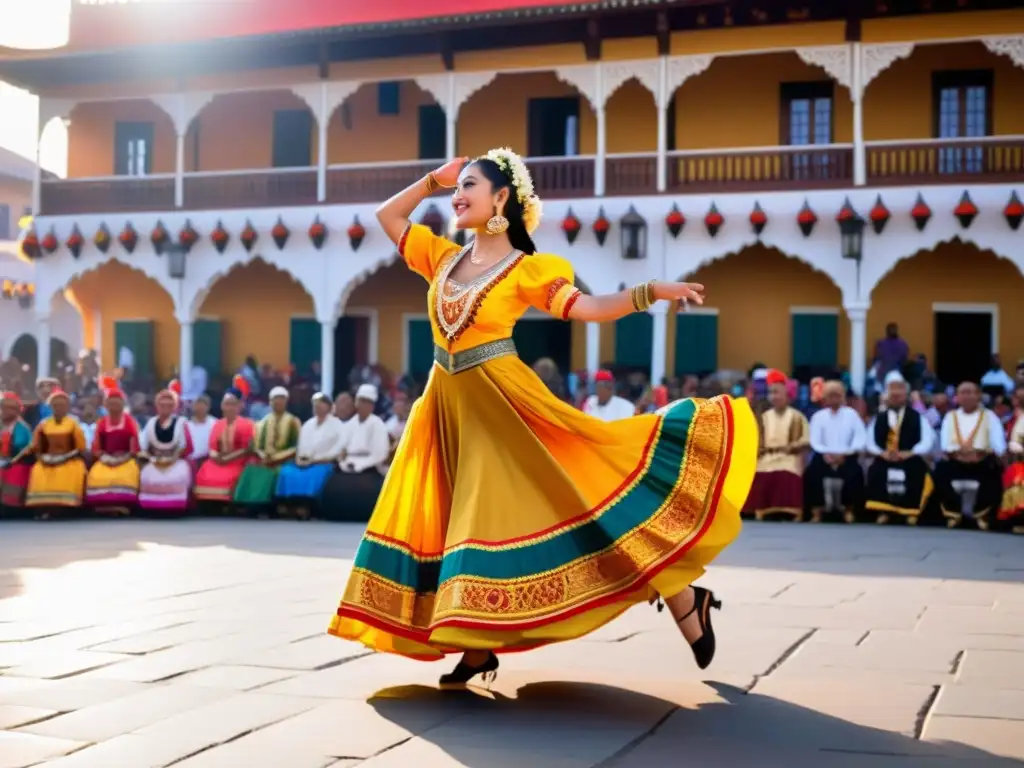 Espectáculo de danzas tradicionales internacionales en plaza animada al atardecer, con trajes coloridos y música vibrante, cautivando a la multitud