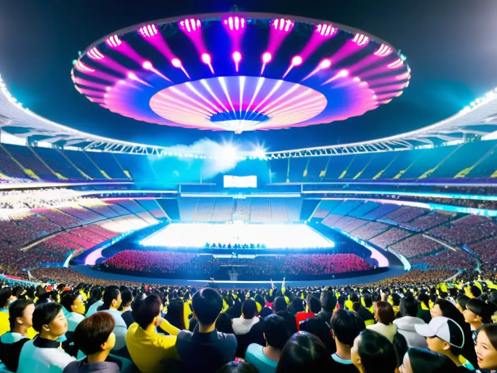 Espectáculo de Kpop en estadio de Seúl con danza coreana vibrante y fans emocionados